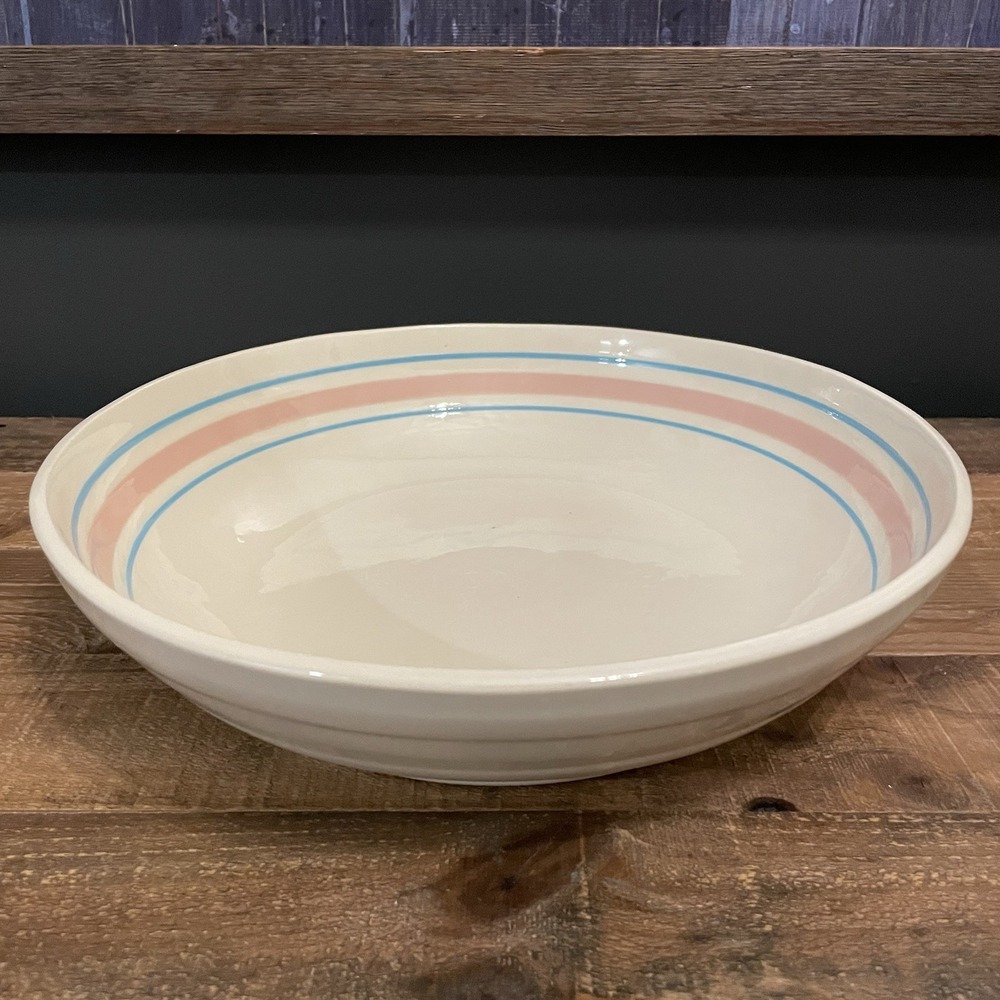 Vintage MCCOY 12" Stonecraft Pasta Serving Bowl Pink Blue Band USA Ovenproof